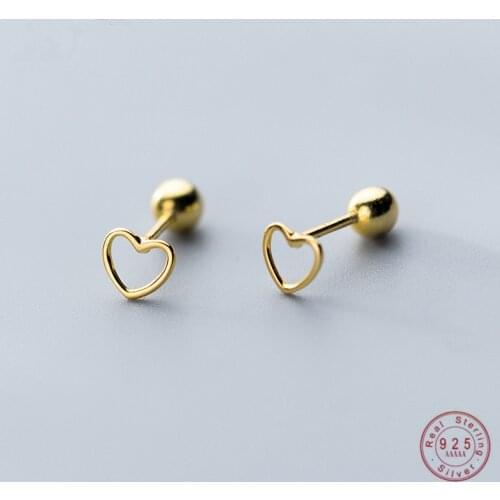 WANTME Genuine 100% 925 Sterling Silver Jewelry Cute Small Simple Hollow Love Heart Stud Earrings Glossy Beads Earplugs Women