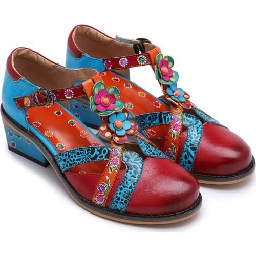 Woman Pumps Genuine Leather Printing Retro Block High Heels 2020 Buckle Strap 3-4CM Square High Heels Women Shoes Flower 35-42