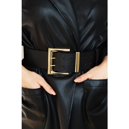 Womens Gold Buckle Double Row Black Belt