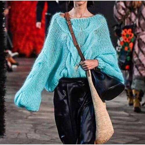 Hollow Out Mohair Women Pullover Sweater Autumn Winter Lantern Sleeve Female Orange Sweater Oversize Ladies Jumper 2019 O-Neck