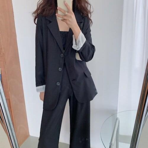 Autumn Retro Temperament Casual Suit Women Pant Suits Black Single Button Blazer Jacket+Drape Trousers Casual Suit 2 Pieces Set