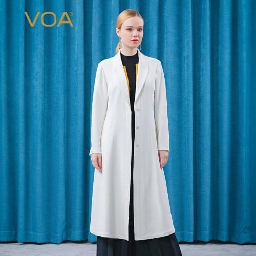 VOA 60m/m Heavy Weight Silk Trench Women Fashion FE98 Suit Collar Tuck Pleated Buckle Slant Pocket Long White Windbreaker