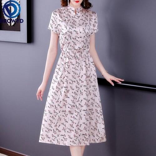 Women Boho Beach Midi Dress Summer 2021 Office Lady Print Silk Short Sleeve Gray Pink Green Dresses Runway Party Robe Vestidos