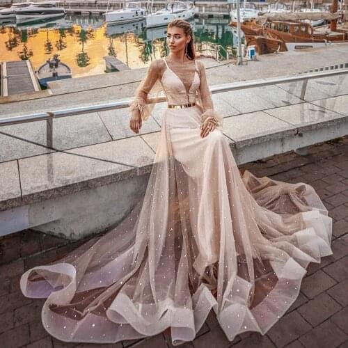Luxury Pink Wedding Dresses Long Sleeve A Line Wedding Gowns Gold Belt Pearls Beach Bridal Dresses 2021 Vestidos de Noivas