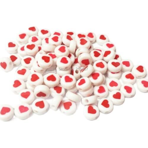 100 pcs 10mm Round Beads with Red Heart Printing White color Charms Loose Birthday Party Favor Girl Home Craft Vintage Necklace