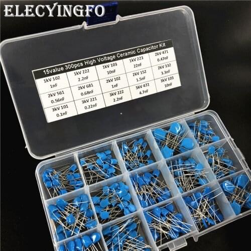15values 1KV/2KV/3KV (0.1nF to 22nF) High Voltage Ceramic Disc Capacitor assorted kit with box Total 300pcs
