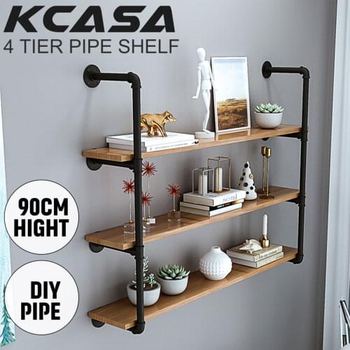 2Pcs 4 Tier Industrial Retro Bookshelf DIY Iron Pipe Shelf Wall Mounted Storage Shelves Bracket for Home Decor Kitchen Kids Room