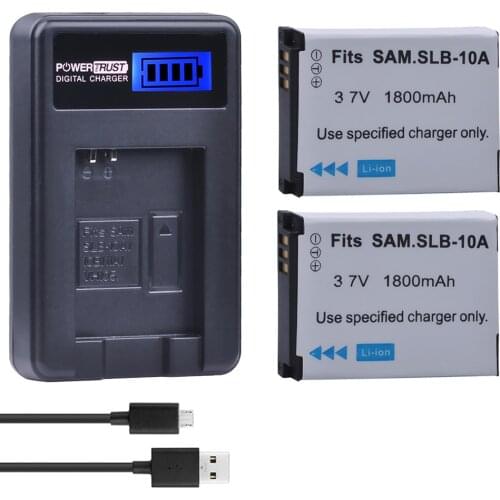 2Pcs SLB-10A SLB10A SLB 10A Camera Battery + LCD USB Charger for Samsung EX2F WB150F WB250F WB350F WB750 WB800F WB500 WB550 HZ10