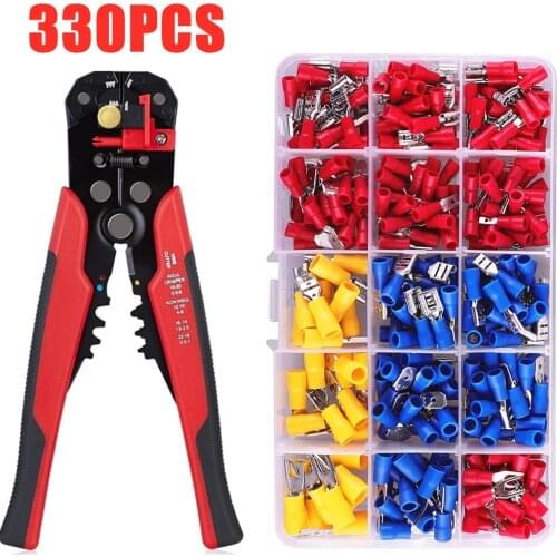 330pcs Spade Terminals Insulated Cable Connectors Electrical Wire Assorted Crimp Butt Ring Fork Set Ring Lugs Connector + plier