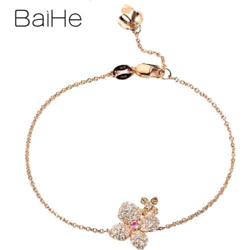 BAIHE Solid 14K Rose Gold 0.04ct Natural Pink sapphire Wedding Women Trendy Fine Jewelry Beautiful flower diamond Gift Bracelet