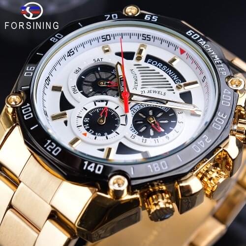 Forsining Luxury Mens Golden Watches Automatic Multifunction Waterproof Date Calendar Sports Steel Strap Mechanical Wrist Watch
