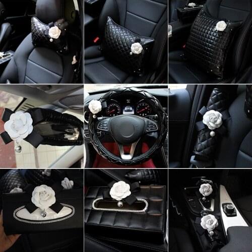 Camellia Flower Car Steering Wheel Cover Headrest Leather Fashion Rivet Car Neck Waist Pillow Car Styling Headrest Cushion Women