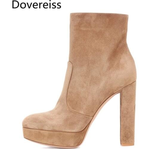 Dovereiss Fashion Womens Shoes Winter Concise Pure Color Platform New Sexy Apricot Suede Block heels Ankle boots Zipper 35-45