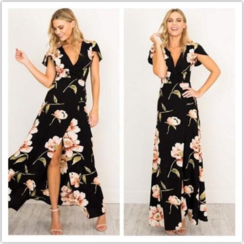 Elegant Womens Dresses V Neck Sexy High Side Split Short Sleeves Printing Floral Gowns Casual Ladies Dress Ankle Length