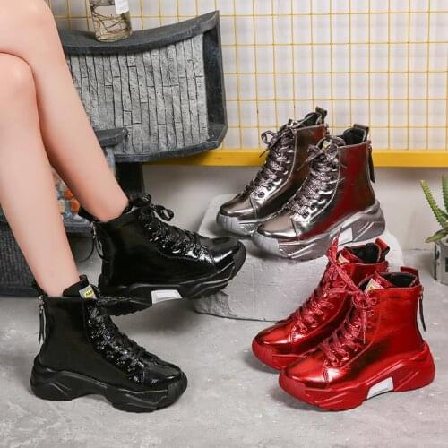 European station winter platform casual shoes double zipper high top Martin shoes lace-up patent-leather students shoes