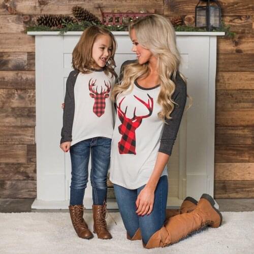 Christmas Deer T-Shirt Tops Mother & Daughter Family Matching Outfits Women Girl Long Sleeve Family Matching T-shirt Tees S - XL