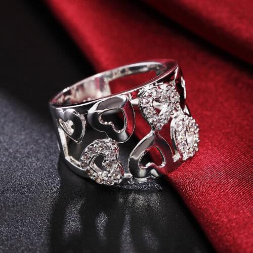 Pure 925 Sterling Silver Rings For Women wide fine crystal heart Fashion Party Gifts Girl student Charm wedding Jewelry