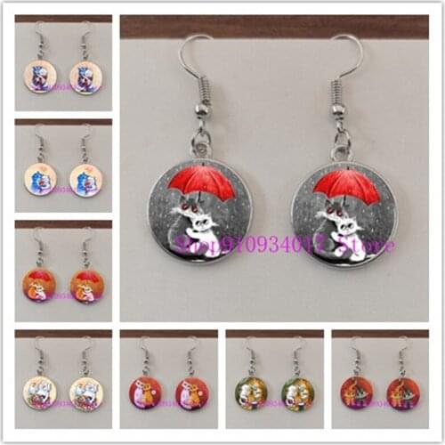 Creative couple two cats round glass earrings ladies fashion glass cabochon earrings new earrings jewelry jewelry
