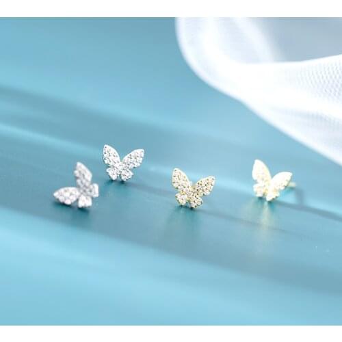 Trendy 925 silver stud earrings for women mini clear zircon butterfly earlobe pierce Ear Bone spike shiny ear accessory jewelry