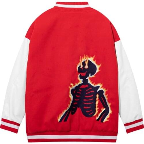 Men PU Leather Stitching Varsity Jacket Skull Embroidery Casual Loose Baseball Uniform Male Cotton Splicing Hiphop Winter Jacket