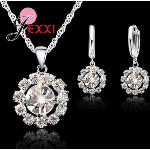 Wholesale Cute Style Shiny Sunflower Rhinstone Crystal Pendant 925 Sterling Silver Necklace Earring Set for Women Gift