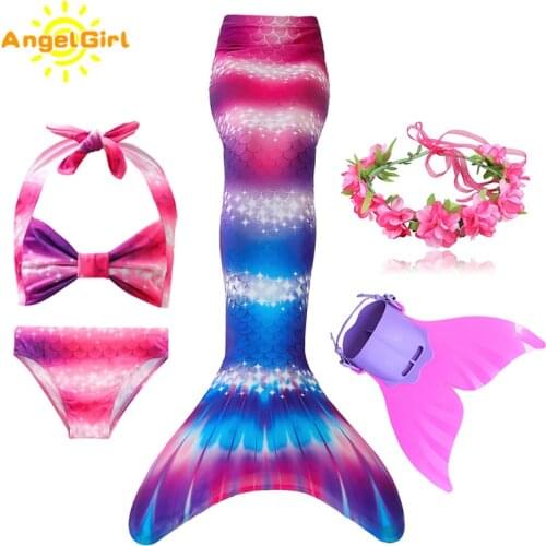 NEW AngelGirl Colorful Swimmable Mermaid Tail Girls Princess Dress with Monofin Kids Holiday Costume Cosplay Birthday Swimsuit