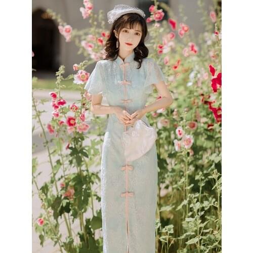 Vintage Chinese Style Sweet Disc Button New Style Improved Cheongsam Lotus Leaf Sleeve Lace Package Hip Split Dress Summer