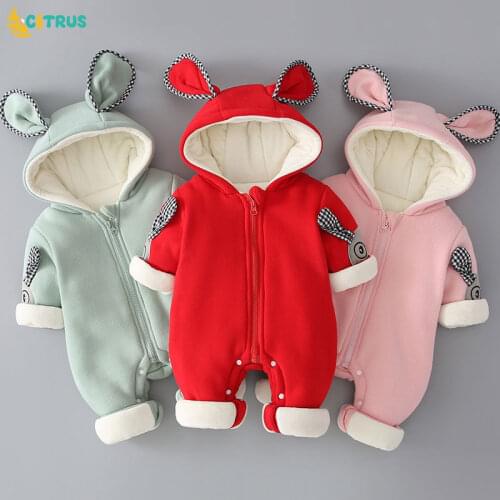CITRUS Winter Baby Girls Boys Rompers Cute Bunny Hooded Ears Fleece Velvet Infant Clothing Children Newborn Clothes Warm Outfit