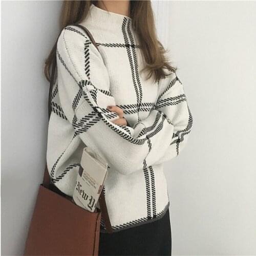 Sweaters Womens Knitted Turtleneck Long Sleeve Plaid Pullovers Autumn Winter Elegant Checked Sweater Women Knitwear