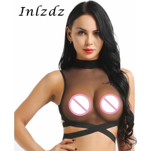 Womens Pole Dance Crop Sleeveless Round Neck Sheer Mesh Zipper Back Elastic Strappy Criss Cross Crop Top Shirts Rave Clothes