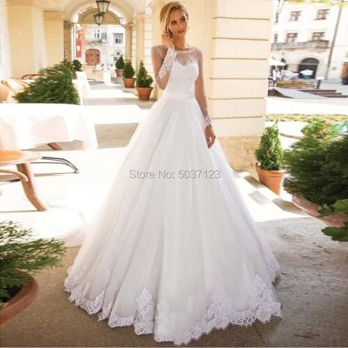 Vestido De Noiva A Line Tulle Wedding Dresses O Neck Beading Long Sleeves Lace Appliques Bridal Gowns Sweep Train Plus Size
