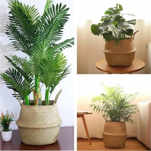 WHISM Handmade Woven Storage Basket Natural Seagrass Rattan Flower Pot Laundry Baskets Toy Organizer Home Decoration