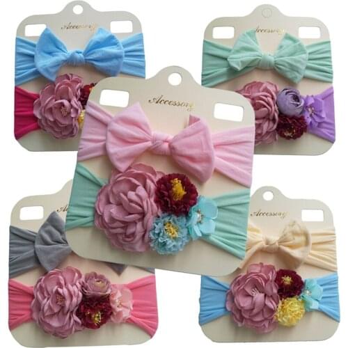 Yundfly 2pcs/lot Florals Headband Newborn Baby Elastic Bowknot Princess Hairbands Children Kids Cute Headwear Gifts Sets