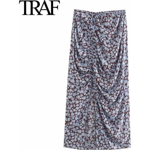 Traf Za Women Clothing Vintage Back Zipper Floral Pencil Skirt Office Lady Pleated High Waist Midi Skirts Mujer Faldas