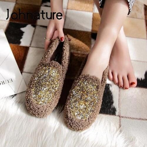 Johnature Flats Women Shoes 2020 New Winter Round Toe Casual Bling Concise Leisure Warm Fashion Ladies Shoes Plus Size 41-43