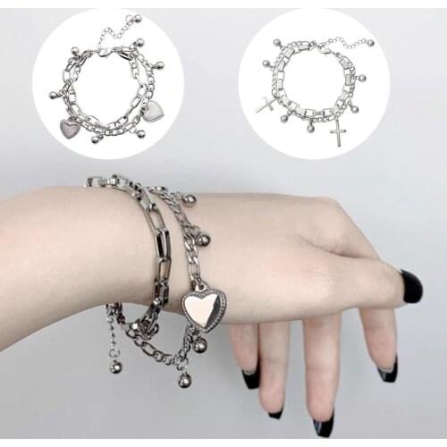 Fashion Women 2-layer Love Heart Cross Charm Hand Chain Bracelet Jewelry Gift Adjustable Alloy Dual-chain Cross Charms Bracelet