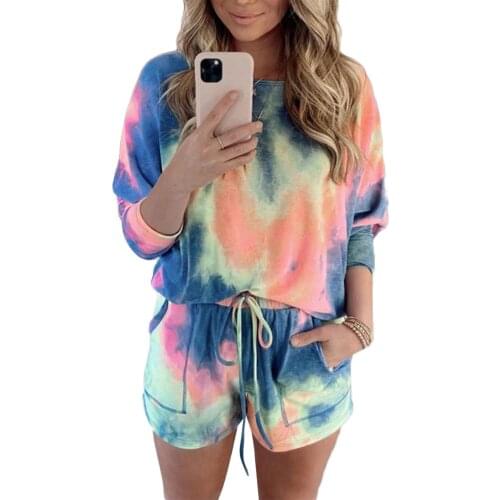 Two Piece Set Women tracksuit Long Sleeve Print Tie-Dye Top and Short set Elegant Ladies Loose Streetwear 2 Piece set