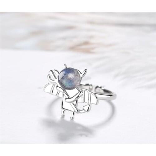 Sole Memory Natural Moonstone Demon Cute Cool 925 Sterling Silver Female Resizable Opening Rings SRI566