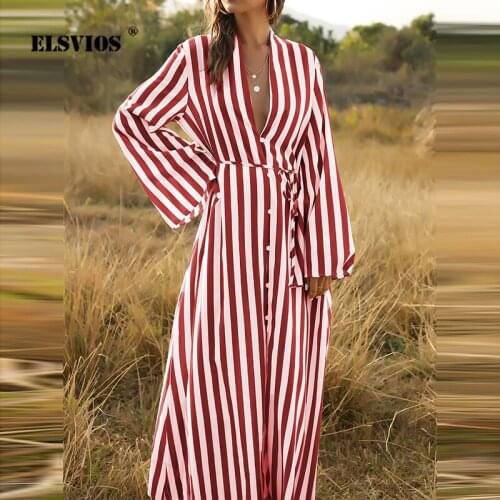 Single-Breasted Long Striped Shirt Dress 2021 Spring/Summer Flared Long-Sleeved Deep V-Neck Belt Women Loose Casual Holiday Wear