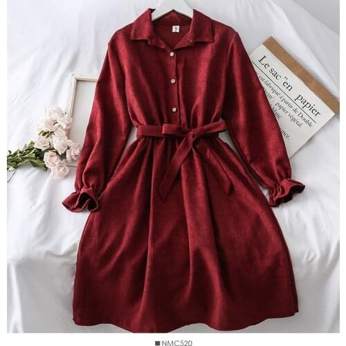 Winter Chic A Line Dress Turn Down Collar Long Sleeve Thin Sashes High Waist Wine Red Blue Loose Vintage Shirt Dress
