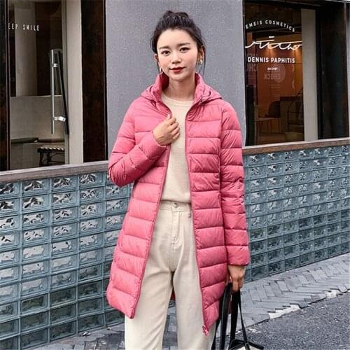 Plus Size 5XL Winter Womens Ultra Light White Duck Down Jackets Long Thin Casual Coat Puffer Jacket Female Remove Hooded Parka