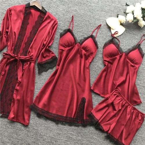 Womens 4pcs Silk Satin Pajama Set Cami Top Nightgown Lace Sleepwear Robe Sets Sexy Nightdress with Chest Pads Loungewear Set