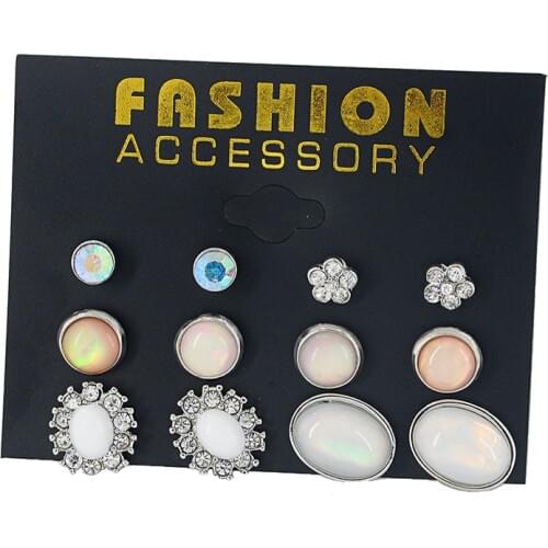 6pairs/set Vintage Bohemian Beach Stud earring Set Ethnic Style Antique Silver color Rhinestone Earrings for Women
