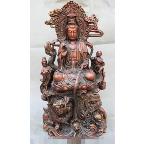 Free shipping S03344 18" Chinese Pure Red Bronze Dragon Kid Lotus Pot Kwan-yin GuanYin Buddha Statue