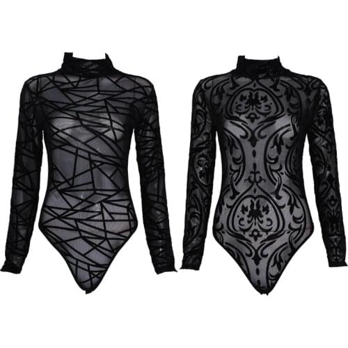 See-through Mesh Long Sleeve High Neck Bodysuit Leotard Top Jumpsuits For Women F42F