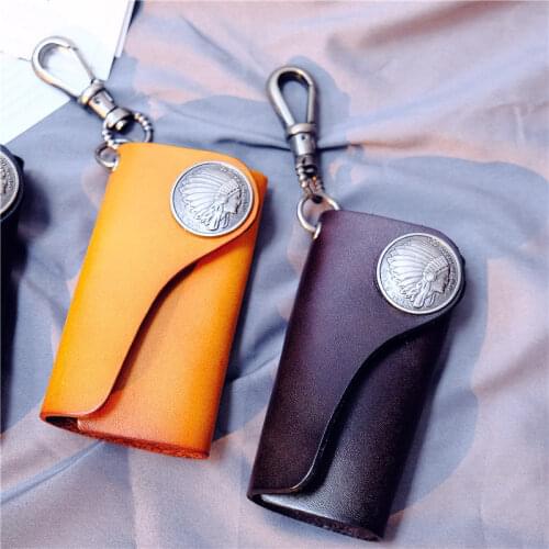 Handmade Tanned Leather Key Holder Housekeeper Manmade Genuine Leather Key Case Keychain Wallet