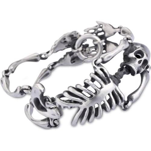 Granny Chic Mens Cool Silver Stainless Steel Gothic Skeleton Skull Link Chain Punk Bracelet Hip Hop 8.66"
