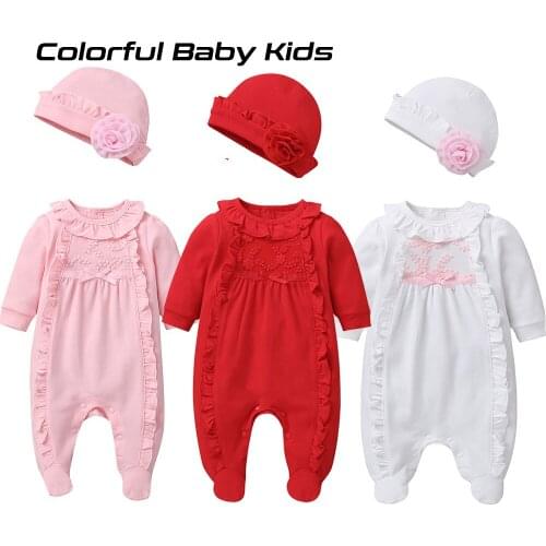 Newborn Baby Boy Girl Romper Cotton Cute Lace Bow Long Sleeve Jumpsuit Flower Hats Infant Clothes Pajama Girls Outfits Clothing