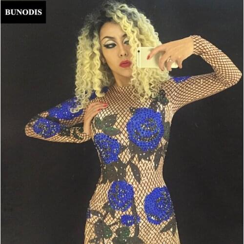 ZD016 Blue Roses Full Of Sparkling Crystals Stones Jumpsuit Nightclub Party Christmas Celebrate Performance Stage Wear Bodysuit