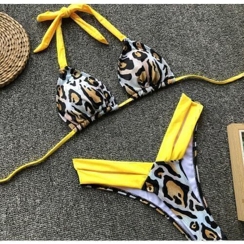 Sexy Leopard Print Women Bikini Set High Waist Swimwear Halter Retro Floral Hollow Bandage Biquini Bathing Suit Female Swimsuit